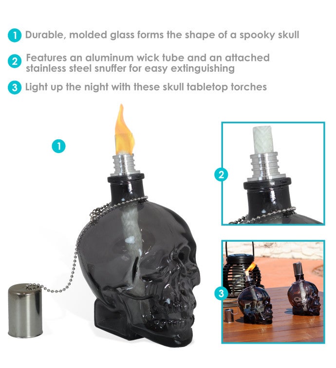 Grinning Skull Glass Tabletop Torches - Clear