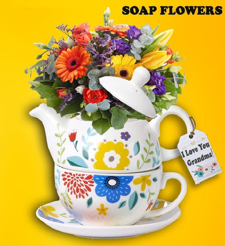Garden Floral 3 piece Teapot With Soap Flowers, Grandma
