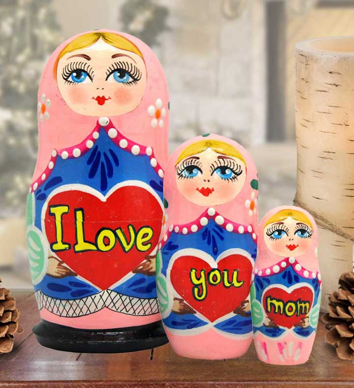 I Love You Mom Matreshka Nesting Hand painted Doll Set Of 3 By G. Debrekht