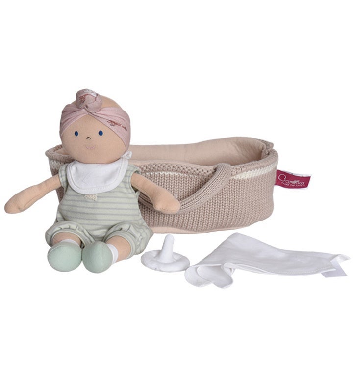 Knitted Carry Cot with baby, Soother & Blanket