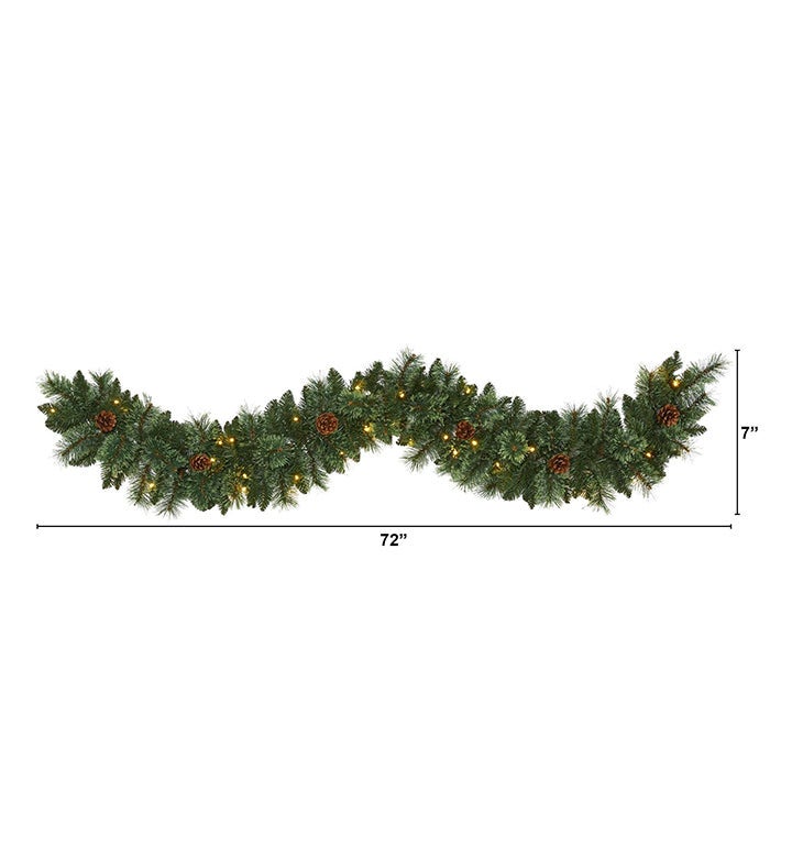 6’ White Mountain Pine Artificial Garland With Lights & Pinecones