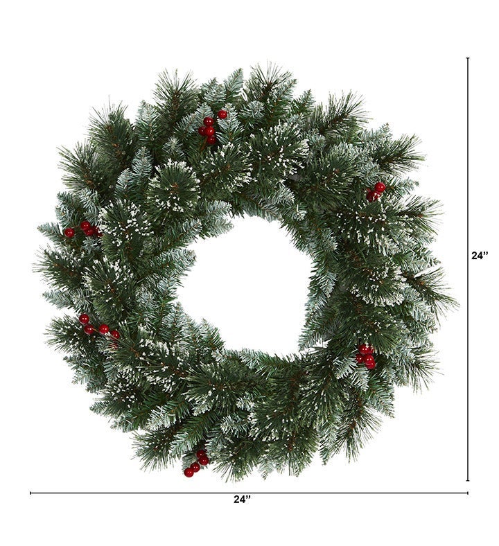 24” Frosted Swiss Pine Artificial Wreath With Lights & Berries