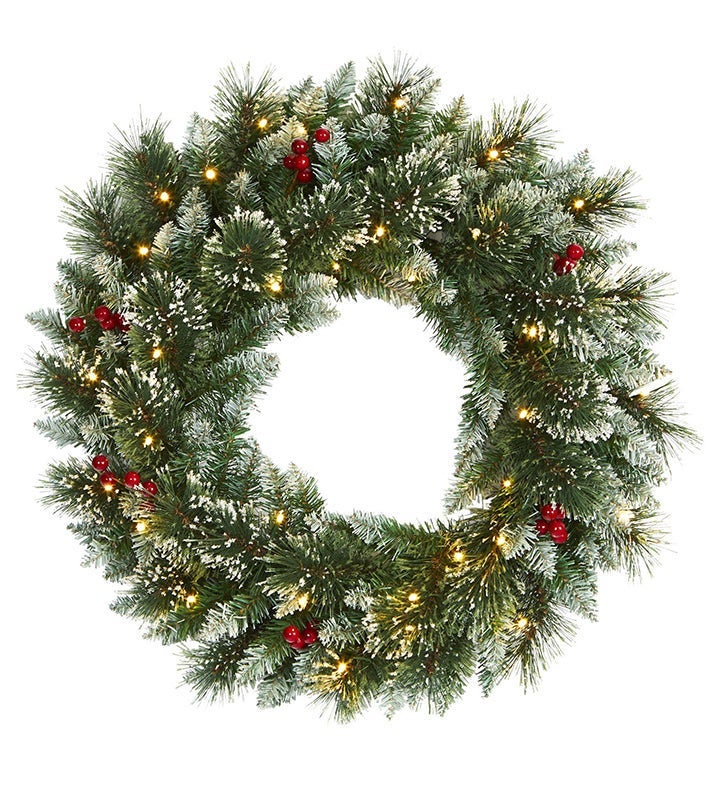 24” Frosted Swiss Pine Artificial Wreath With Lights & Berries