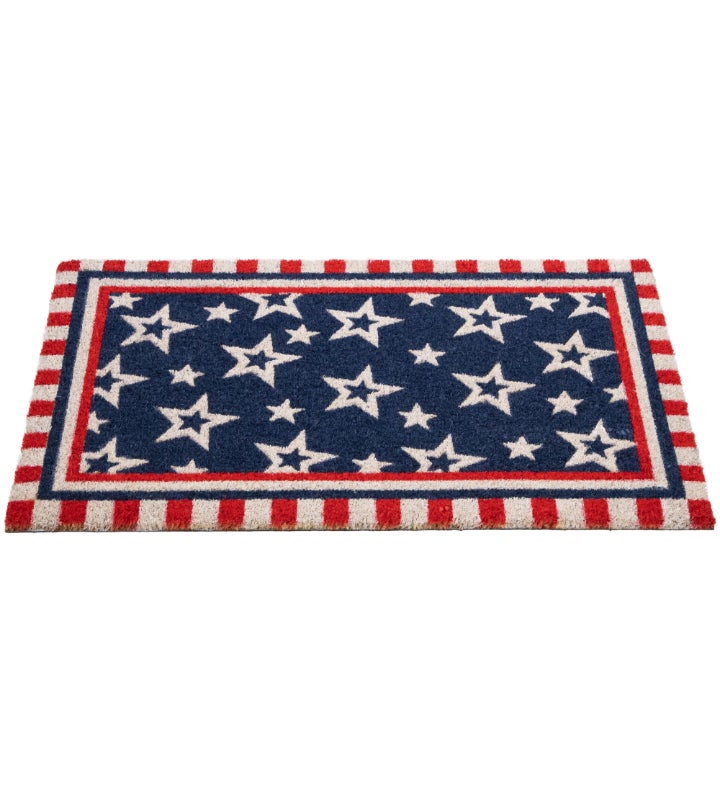 Blue And Red Americana Stars And Striped Border Coir Outdoor Doormat