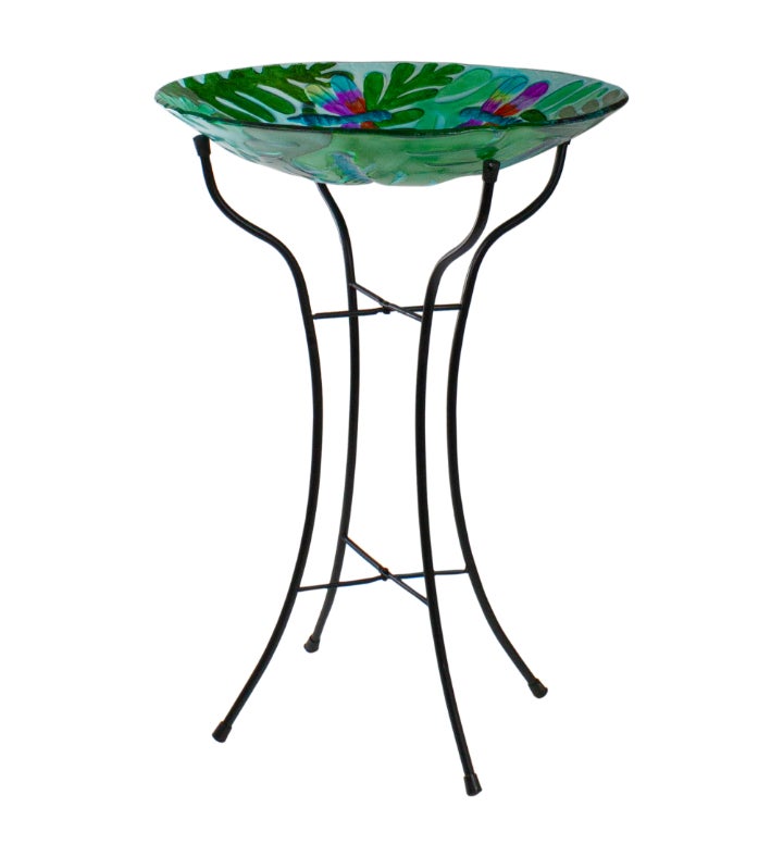 Colorful Dragonfly With Green Leaves Hand Painted Glass Patio Birdbath