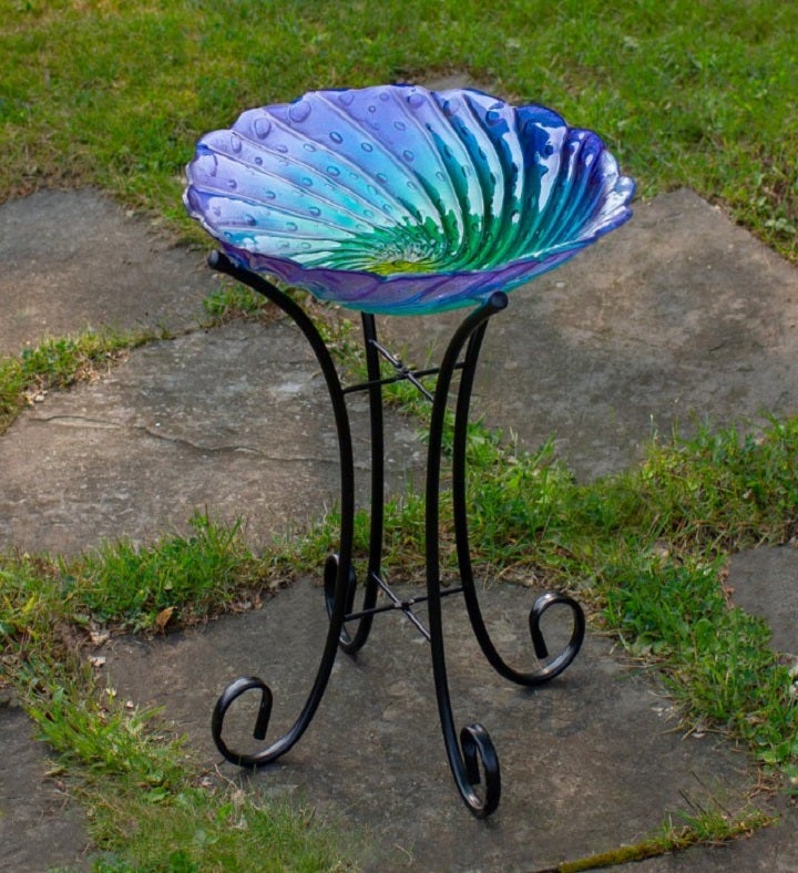 18” Purple And Green Swirled Hand Painted Glass Outdoor Birdbath