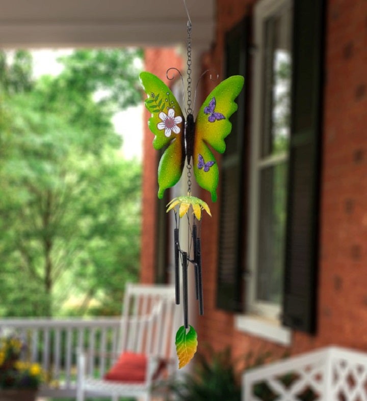 15.75" Green Metal Butterfly Outdoor Garden Windchime