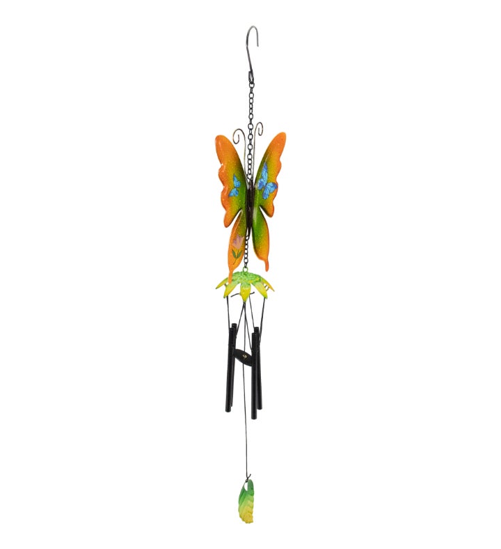 15.75" Orange and Green Metal Butterfly Outdoor Garden Windchime
