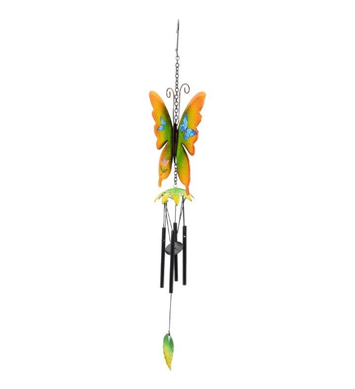 15.75" Orange and Green Metal Butterfly Outdoor Garden Windchime