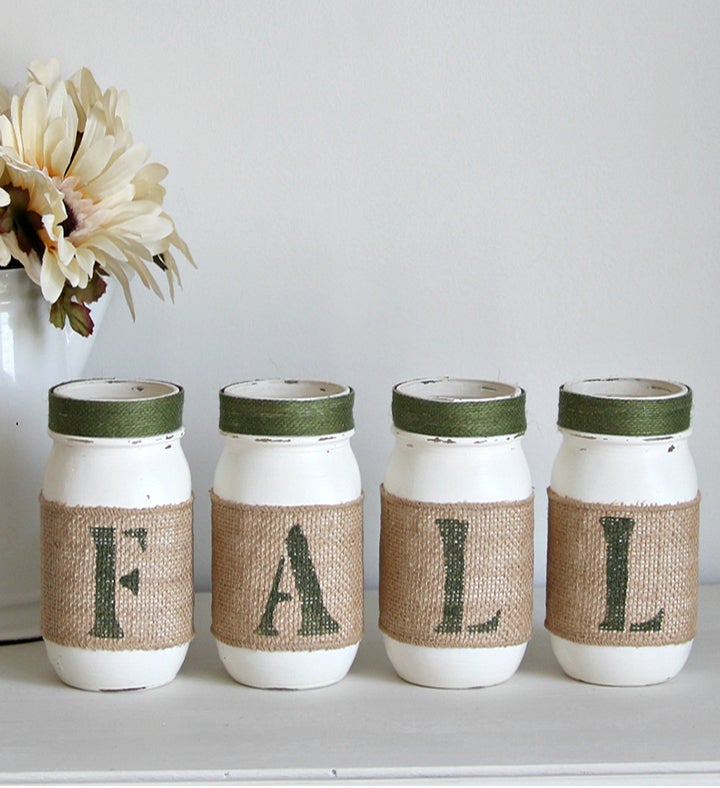 Farmhouse Fall Home Decor - Set Of 4 Painted Jars
