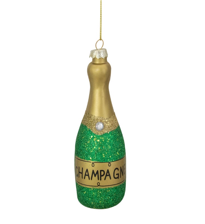 5" Gold And Green Glass Champagne Bottle Christmas Ornament