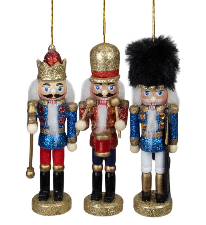 Set Of 3 Glittery Nutcracker King Soldier And Drummer Ornaments 5.25"