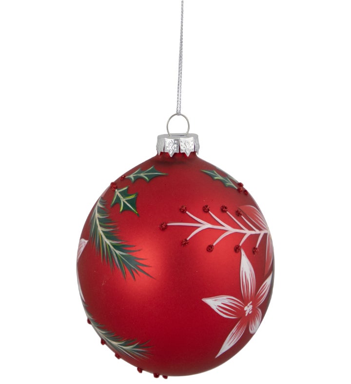 4" Red Poinsettia And Holly Glass Christmas Ball Ornament