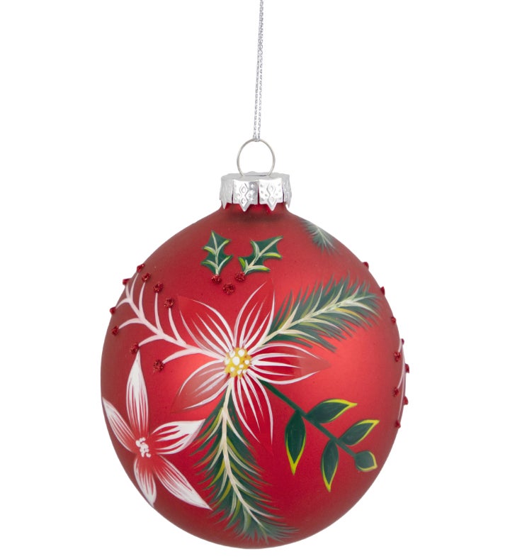 4" Red Poinsettia And Holly Glass Christmas Ball Ornament