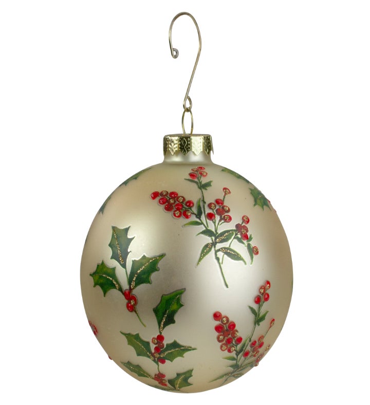 Gold Holly Berry Glass Ball Christmas Ornament 4"