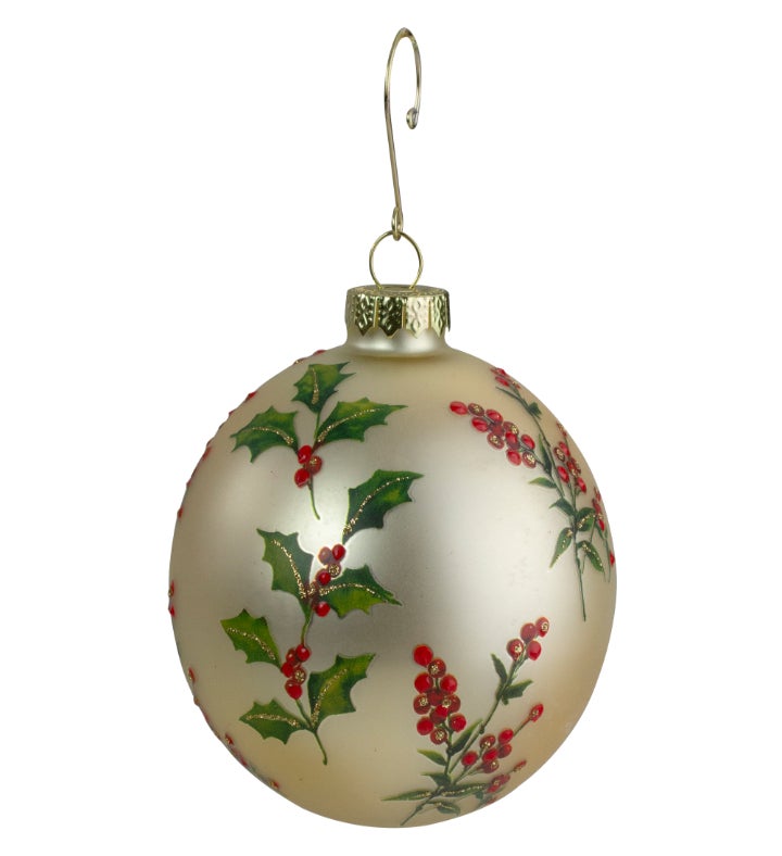 Gold Holly Berry Glass Ball Christmas Ornament 4"