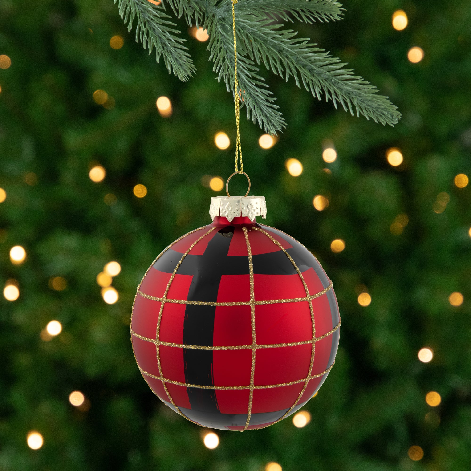 4ct Red Black And Gold Plaid Glass Ball Christmas Ornaments 3.25"