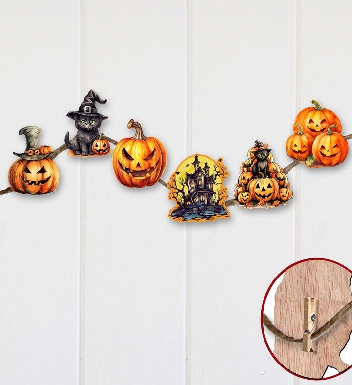 Spooky Pumpkins Decorative Wooden Clip-on Ornaments Set Of 6 