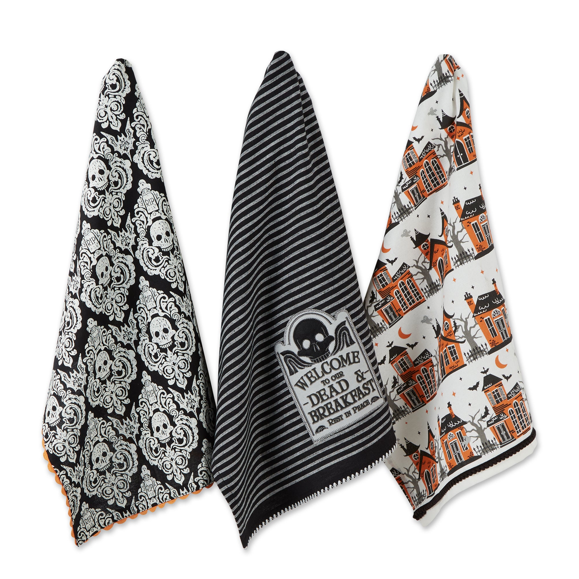 Haunted House Halloween Dishtowels Black And Orange Set Of 3
