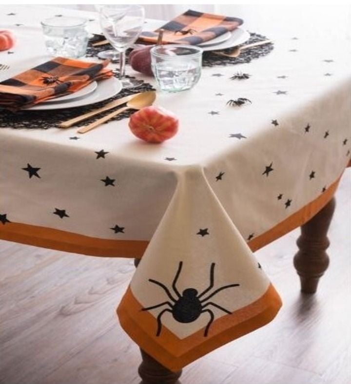 Spider & Stars Round Halloween Cotton Tablecloth - 70" - Cream & Orange