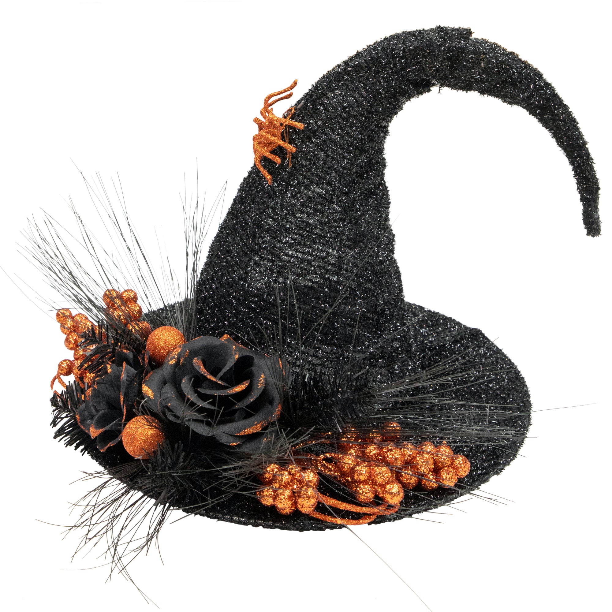 Black Tinsel Witch's Hat With Orange Glittered Roses Decoration