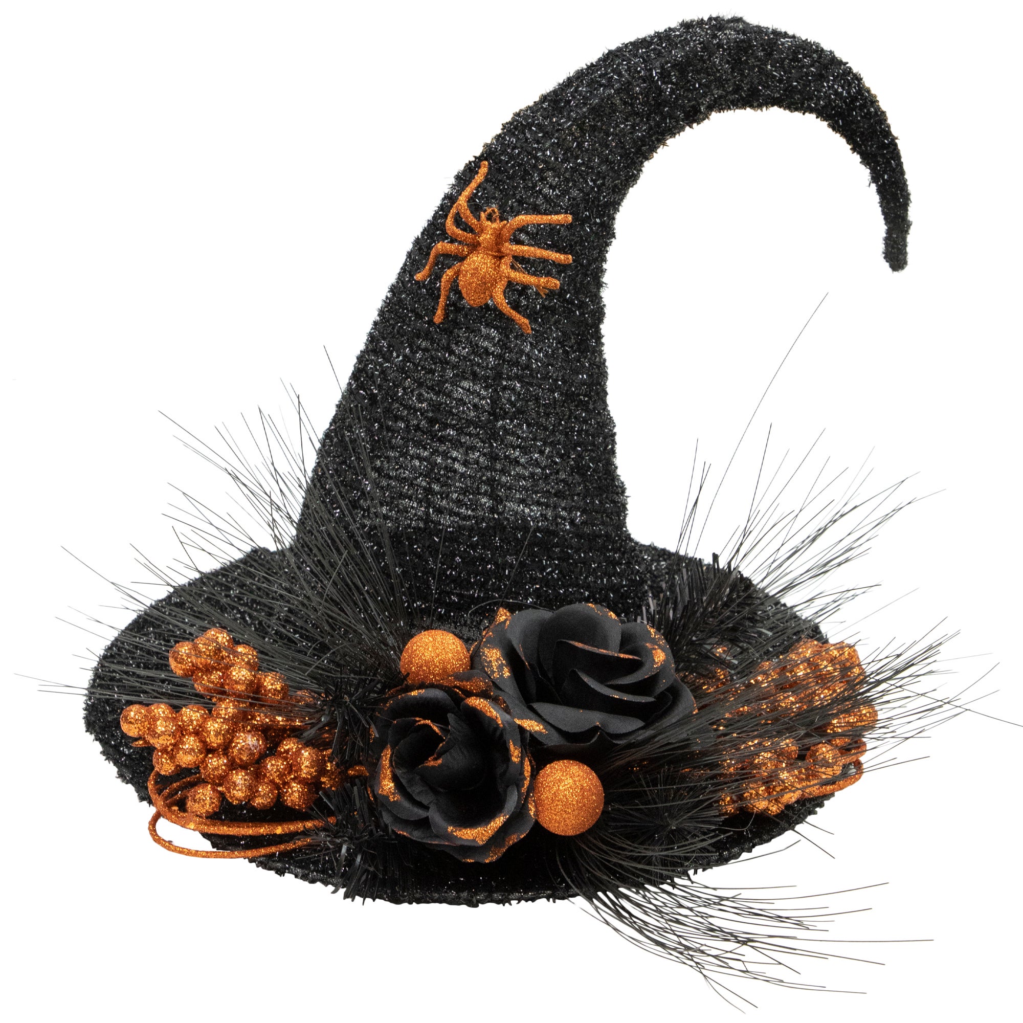 Black Tinsel Witch's Hat With Orange Glittered Roses Decoration