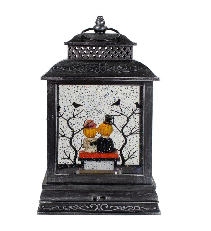 Lighted Black Halloween Snow Globe Lantern With Pumpkin Couple