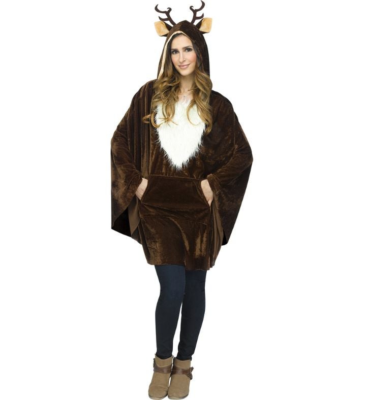 Brown & White Pullover Reindeer Poncho W/ Antlers Women Christmas Costume