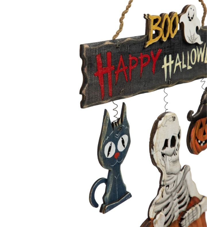 14.5" Skeleton With Jack-o-lanterns And Black Cat Wall Sign