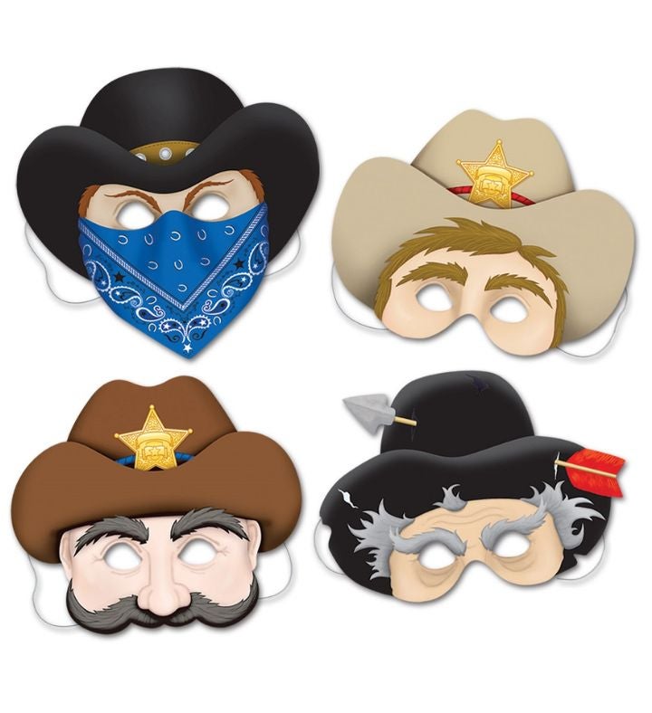 Pack Of 12 Western Cowboy & Sheriff Halloween Masks With Elastic - One Size