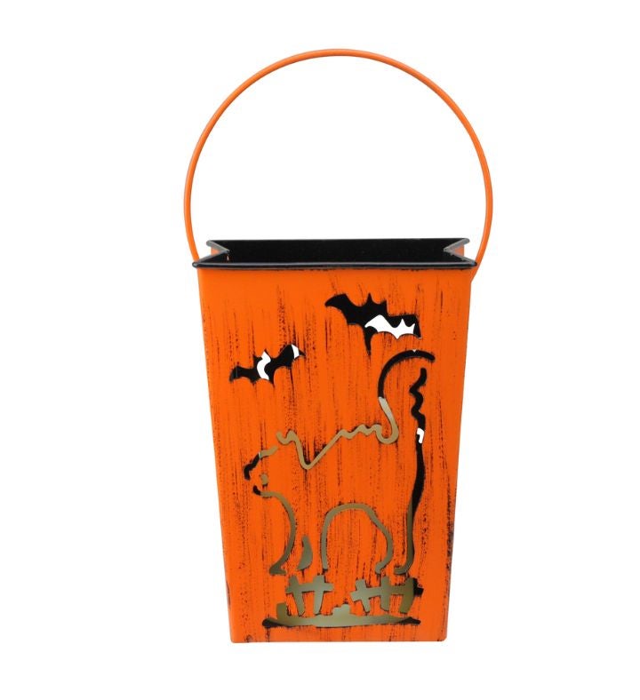 7.25" Orange Cat And Bats Halloween Candle Lantern Luminary
