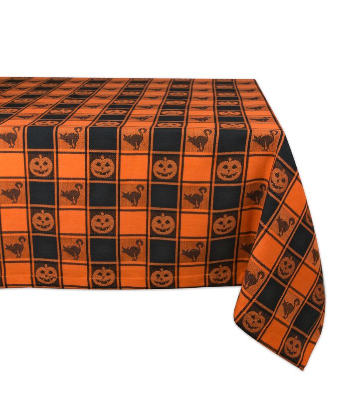 Cats And Jack o lanterns Buffalo Check Woven Halloween Tablecloth   84"