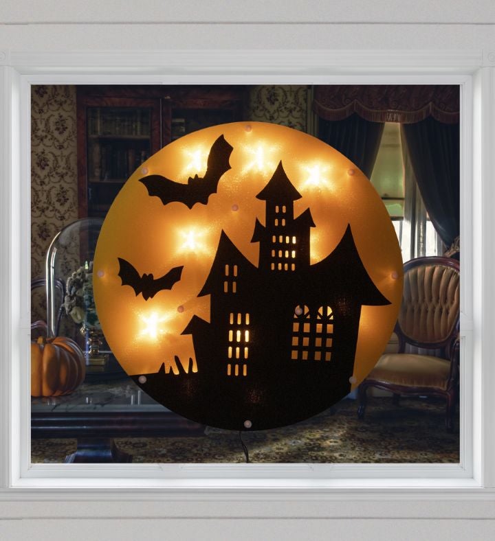 Lighted Haunted House Halloween Window Silhouette - 13.75" - Clear Lights