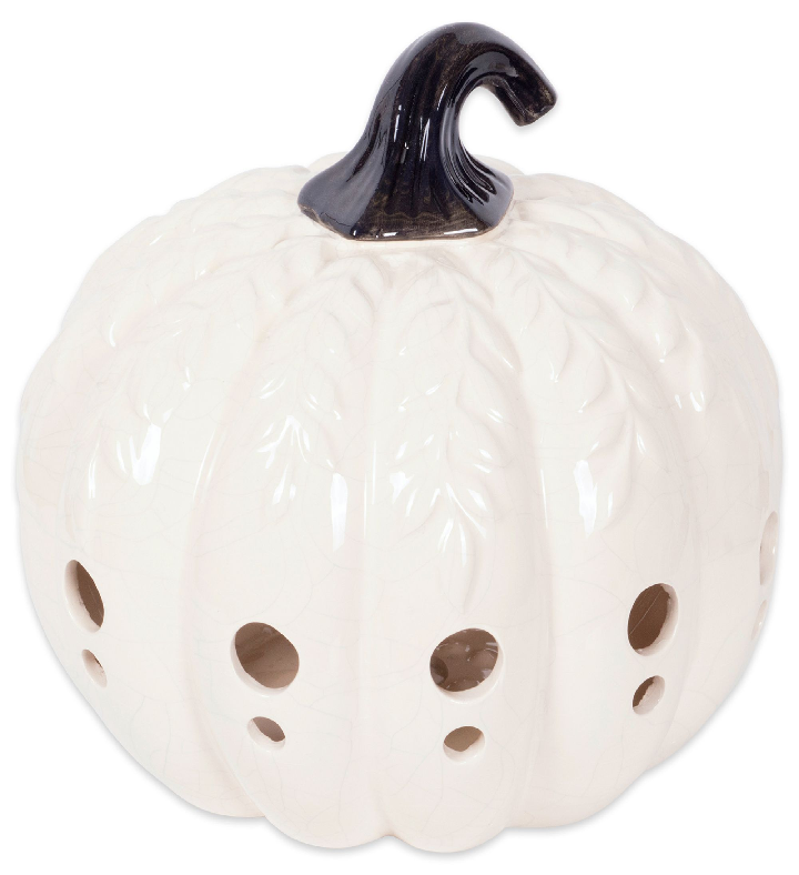 9" White And Black Leaves Pumpkin Lantern Halloween Decor