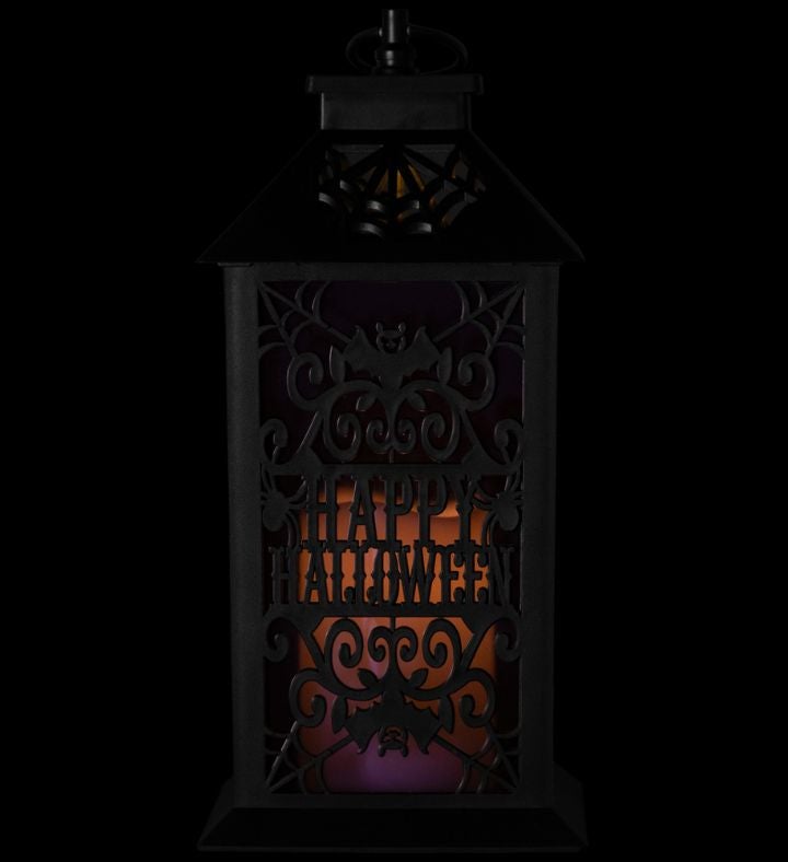 Led Lighted Bats "happy Halloween" Candle Lantern - 11" - Black