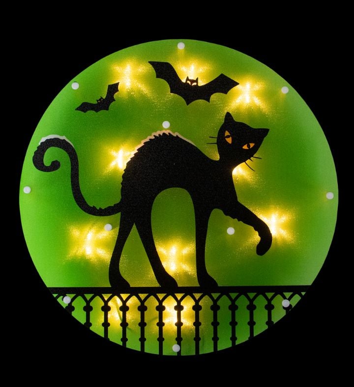 Lighted Cat Halloween Window Silhouette - 13.75" - Green - Clear Lights