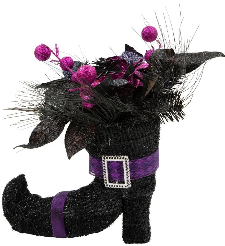 12" Black Witch's Boot With Purple Glittered Roses Halloween Decoration