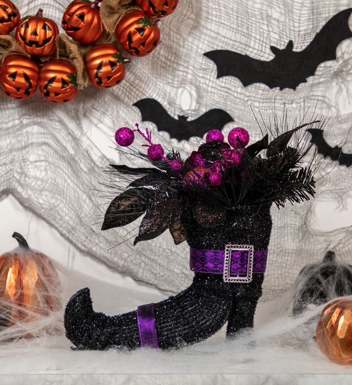 12" Black Witch's Boot With Purple Glittered Roses Halloween Decoration