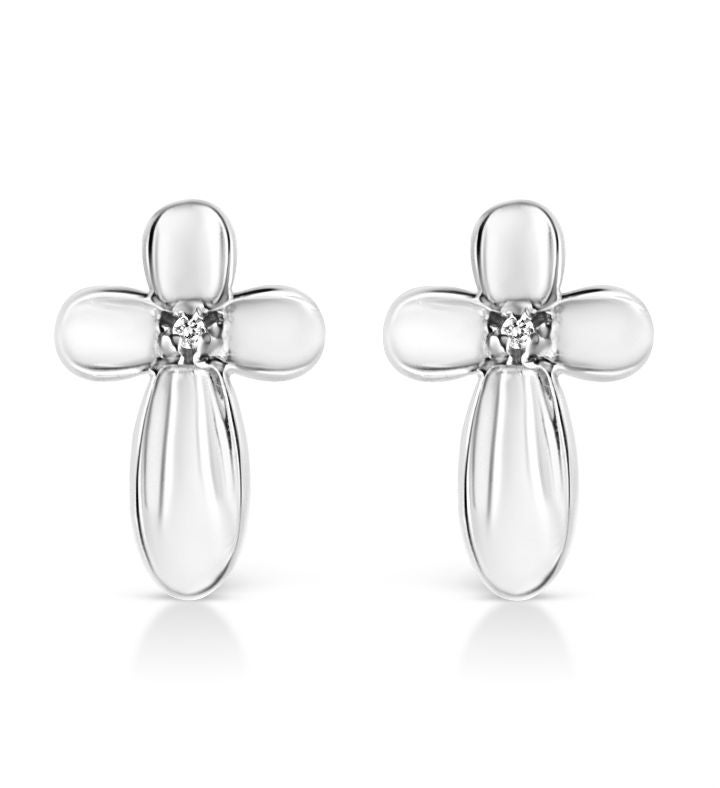 925 Sterling Silver Prong Set Diamond Accent Floral Cross Stud Earring