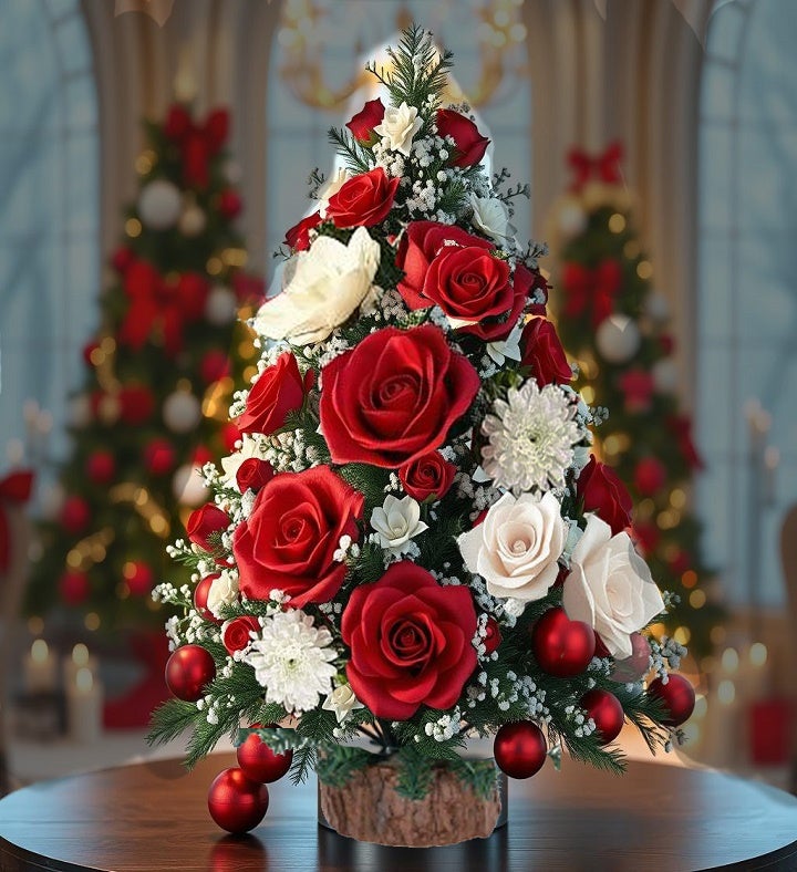 Large Christmas Tree With Soap Flowers, Ornaments & Baby's Breath