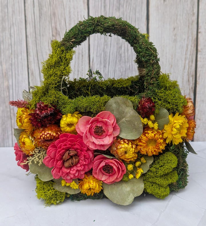 Unique Moss Purse With Preserved Flowers