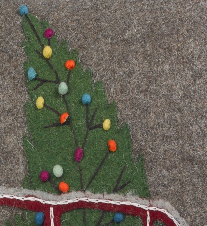 Hand Felted Gray Wool Christmas Pillow with Car & Tree