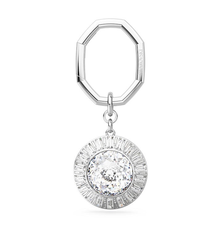 Key Ring, Round Cut, White, Rhodium Plated