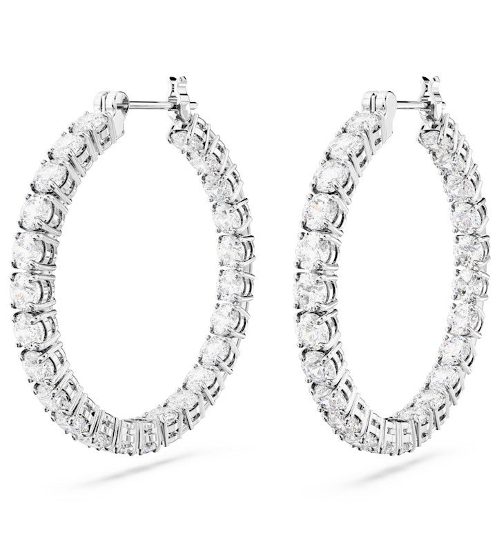 Matrix Hoop Earrings, Round Cut, White, Rhodium Plated