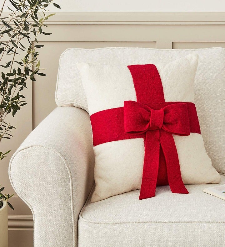 Handmade Christmas Pillow Red Bow On Cream Cover In Hand Felted Wool