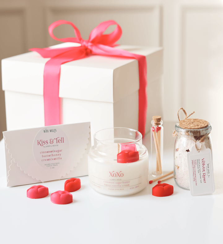 Kiss & Tell Gift Bundle: Xoxo Candle, Lip Wax Melts, Velvet Rose Bath Salts