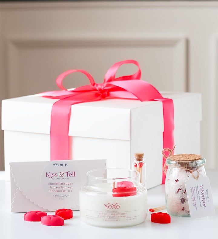 Kiss & Tell Gift Bundle: Xoxo Candle, Lip Wax Melts, Velvet Rose Bath Salts