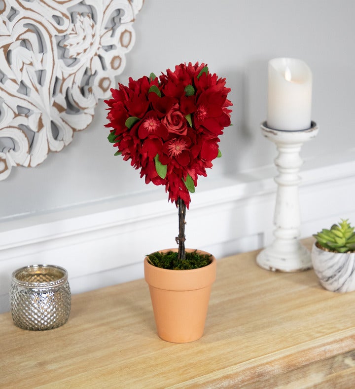 Wooden Mixed Floral Valentine's Day Artificial Potted Topiary - 14" - Red