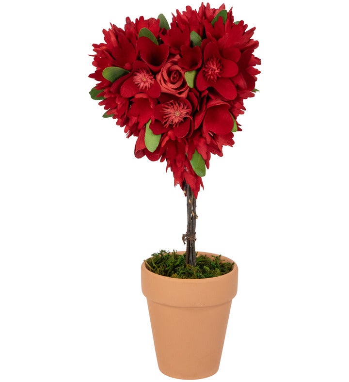 Wooden Mixed Floral Valentine's Day Artificial Potted Topiary   14"   Red