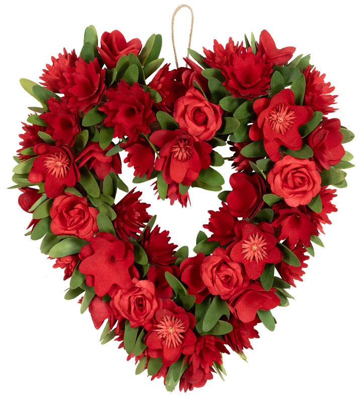 Mixed Floral Artificial Valentine's Day Heart Wreath   15"   Red